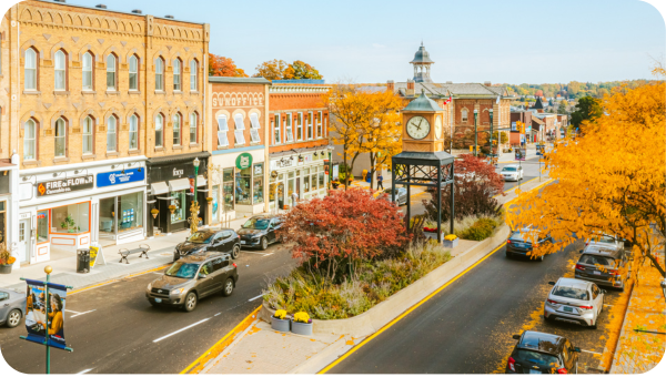 View of the historic main street of a town in fall